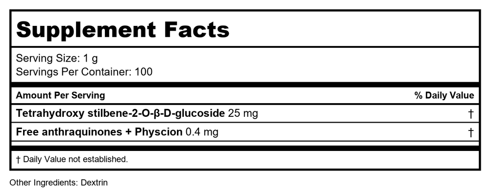 Zhi He Shou Wu - Fo-Ti Root Tuber, Zhi Prepared, 100 Grams,(E-Fong) - Supplement Facts panel