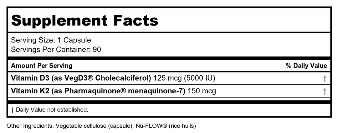 ProHealth Vitamin D3 + K2 | 90 Capsules | Bioactive VegD3® &amp; MK-7 for Bone, Heart &amp; Immune Support | Non-GMO, Triple Lab-Tested, USA GMP-Certified - Supplement Facts panel