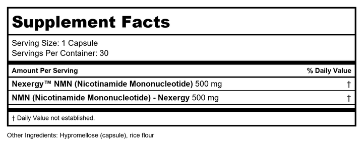 ProHealth Longevity Essentials NMN 500 (500mg, 30 Capsules) - Featuring Nexergy NMN 500mg Supplement, NAD+ Precursor, Dietary Supplement, Cellular Health, Metabolism Support - Supplement Facts panel