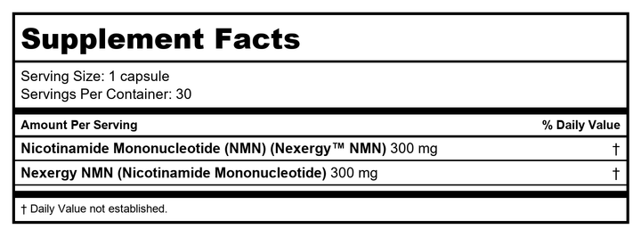 ProHealth Longevity Essentials NMN 300 (300mg, 30 Capsules) - Featuring Nexergy NMN 300mg Supplement, NAD+ Precursor, Dietary Supplement, Cellular Health, Metabolism Support - Supplement Facts panel