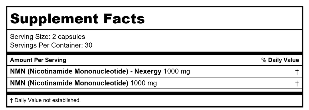 ProHealth Longevity Essentials NMN 1000 (1000mg per Serving, 60 Capsules) - Featuring Nexergy NMN 1000mg Supplement, NAD+ Precursor, Dietary Supplement, Cellular Health, Metabolism Support - Supplement Facts panel