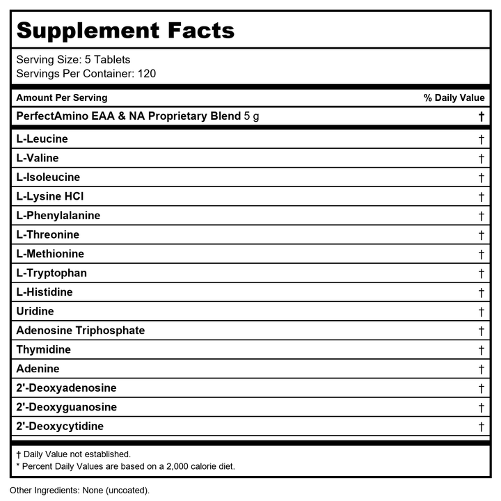Perfect Amino Tablets / Non-Coated / 600 ct. (120 servings) - Supplement Facts panel