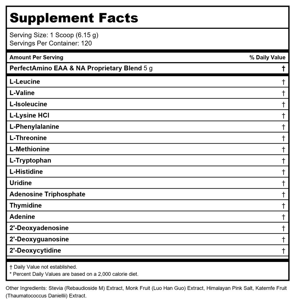 Perfect Amino Powder / 120 Serving Container / Unflavored - Lightly Sweetened - Supplement Facts panel