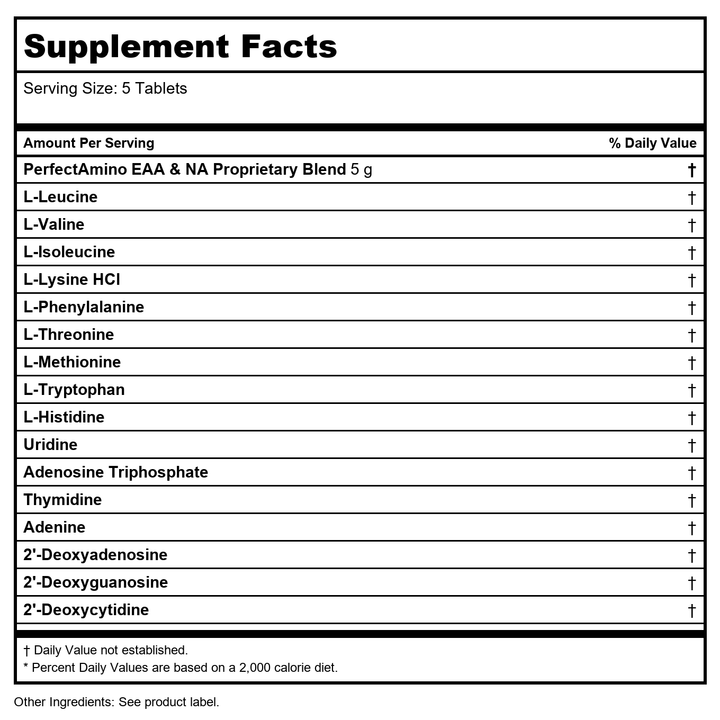 BodyHealth PerfectAmino Tablets, (3-Pack) Essential Amino Acid with BCAAs + Lysine, Phenylalanine, Threonine, Methionine, Tryptophan, Supplement for Muscle Mass Production, Recovery &amp; Strength - Supplement Facts panel