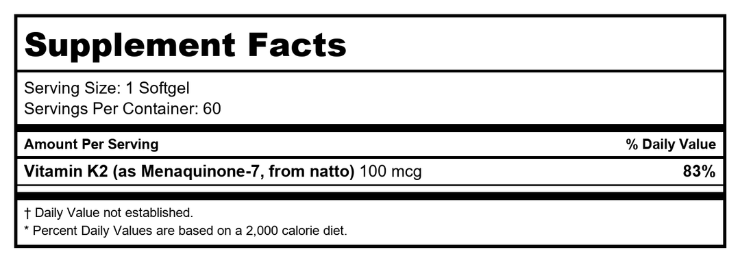 Vitamin K2 (as natural MK-7 Menaquinone - 100 mcg) / 60SG - Supplement Facts panel