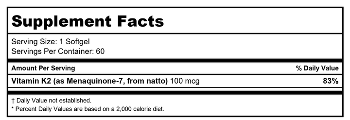 Vitamin K2 (as natural MK-7 Menaquinone - 100 mcg) / 60SG - Supplement Facts panel
