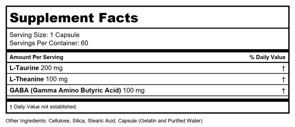 Calm Down (Anxiolytic - 200 mg L-Taurine, 100 mg L-Theanine, 100 mg GABA) / 60C - Supplement Facts panel