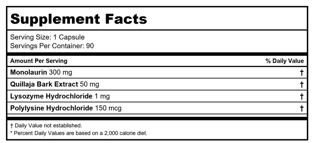 Monocombo - Monolaurin 300mg, combined with Quillaja Bark Extract, Lysozyme, and Polylysine / 90C - Supplement Facts panel