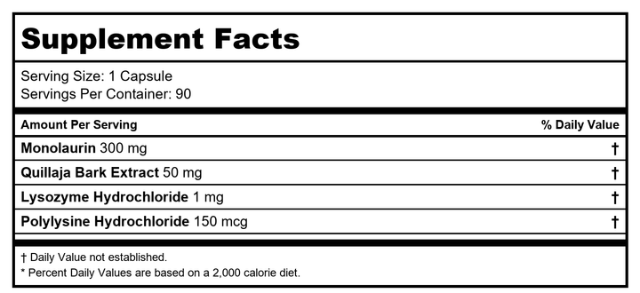 Monocombo - Monolaurin 300mg, combined with Quillaja Bark Extract, Lysozyme, and Polylysine / 90C - Supplement Facts panel