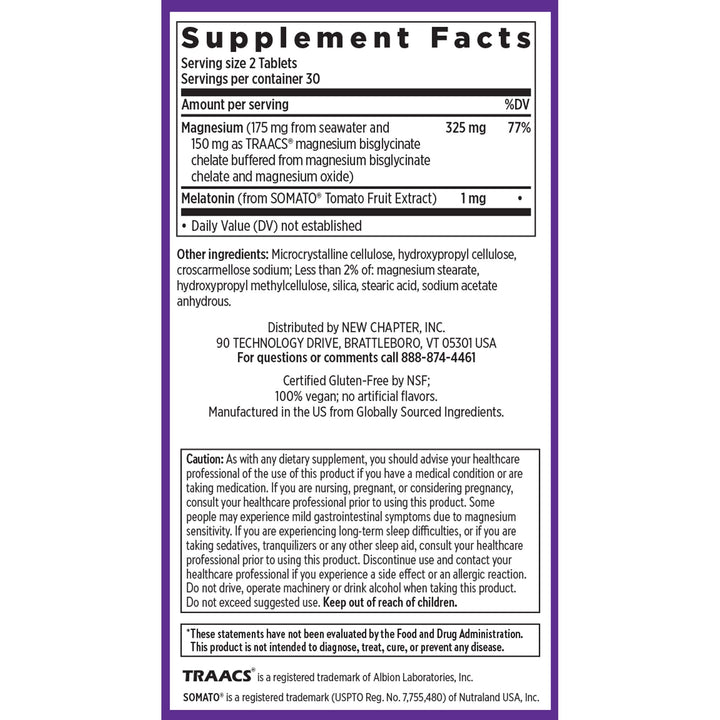 Magnesium + Plant-Based Melatonin Supplement Facts