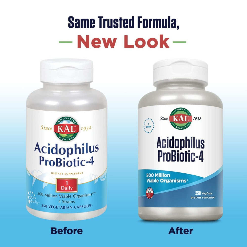 KAL Acidophilus ProBiotic - 4, 500 Million CFUs, Four Probiotic Strains, Probiotics for Women and Men, Freeze Dried, L. acidophilus, L. bulgaricus, S. thermophilus, B. bifidum, 250 Servings, 250 VegCaps - The Oasis of Health
