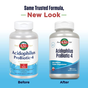 KAL Acidophilus ProBiotic - 4, 500 Million CFUs, Four Probiotic Strains, Probiotics for Women and Men, Freeze Dried, L. acidophilus, L. bulgaricus, S. thermophilus, B. bifidum, 250 Servings, 250 VegCaps - The Oasis of Health