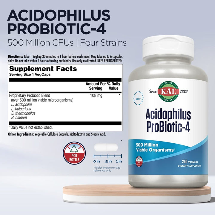 KAL Acidophilus ProBiotic - 4, 500 Million CFUs, Four Probiotic Strains, Probiotics for Women and Men, Freeze Dried, L. acidophilus, L. bulgaricus, S. thermophilus, B. bifidum, 250 Servings, 250 VegCaps - The Oasis of Health