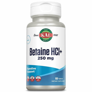 KAL Betaine HCL with Pepsin, Digestive Health Supplement with 250mg Betaine Hydrochloride Plus 130mg Pepsin, Gluten Free, Non - GMO, 60 - Day Guarantee, Rapid Disintegration Tablets, 100 Servings, 100ct - The Oasis of Health