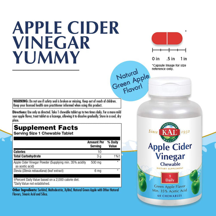 KAL Chewable Tablets, Apple Cider Vinegar, 500 mg, 60 Count 51865 - The Oasis of Health
