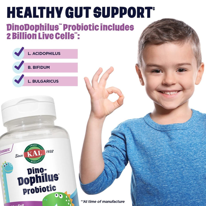 KAL DinoDophilus Probiotics for Kids, Kids Probiotic with 2 Billion CFU, Chewable Kids Probiotics with Natural Black Cherry Flavor for Gut Health and Digestion Support, 60 Servings, 60 Chewables - The Oasis of Health
