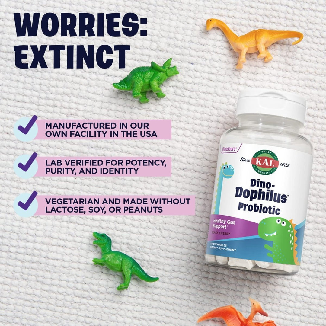 KAL DinoDophilus Probiotics for Kids, Kids Probiotic with 2 Billion CFU, Chewable Kids Probiotics with Natural Black Cherry Flavor for Gut Health and Digestion Support, 60 Servings, 60 Chewables - The Oasis of Health