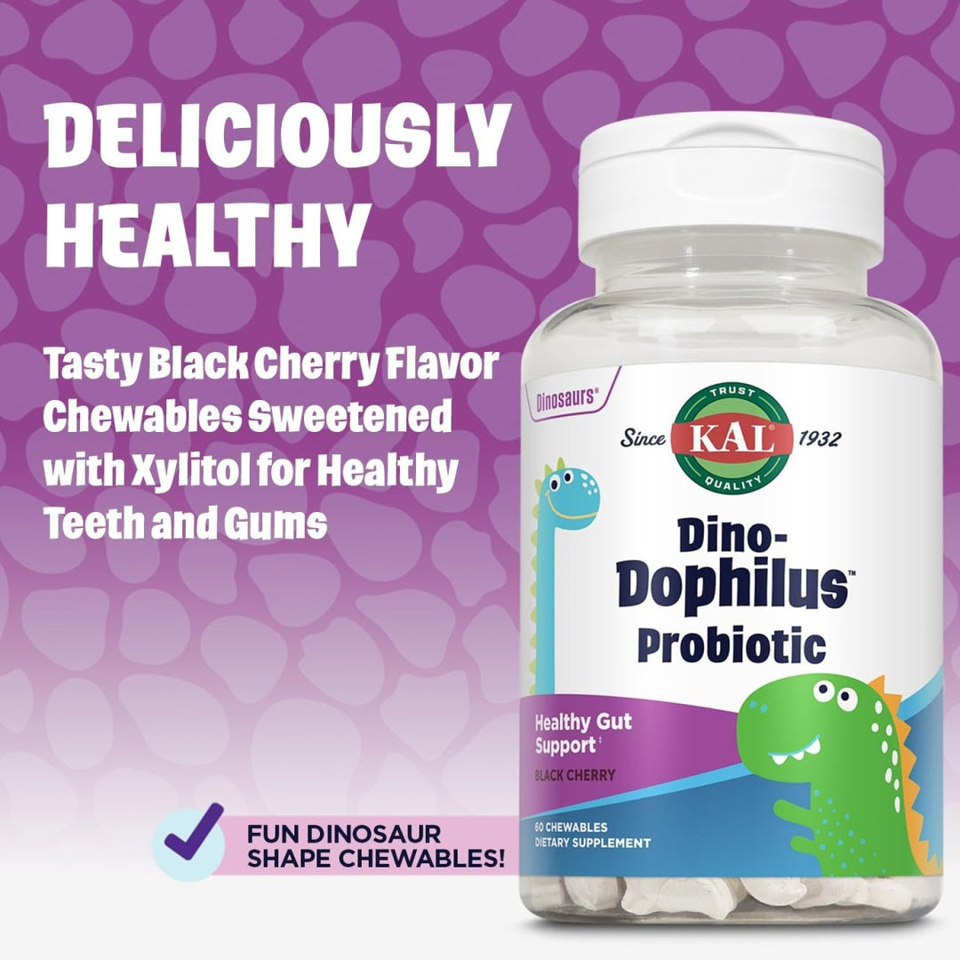 KAL DinoDophilus Probiotics for Kids, Kids Probiotic with 2 Billion CFU, Chewable Kids Probiotics with Natural Black Cherry Flavor for Gut Health and Digestion Support, 60 Servings, 60 Chewables - The Oasis of Health