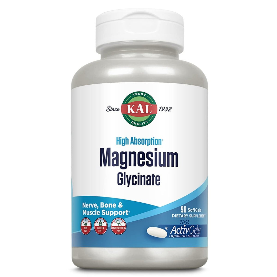 KAL Magnesium Glycinate ActivGels 315mg, High Absorption Magnesium Supplement for Muscle, Nerve & Bone Health Support, Non - GMO, Gluten Free, 30 Servings, 90 Softgels - The Oasis of Health