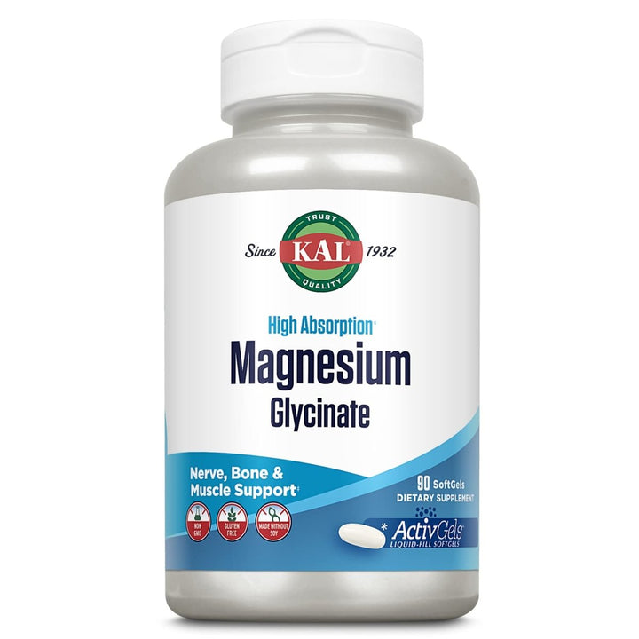 KAL Magnesium Glycinate ActivGels 315mg, High Absorption Magnesium Supplement for Muscle, Nerve & Bone Health Support, Non - GMO, Gluten Free, 30 Servings, 90 Softgels - The Oasis of Health