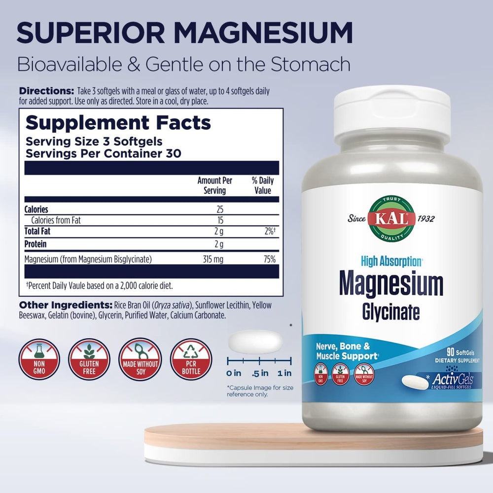 KAL Magnesium Glycinate ActivGels 315mg, High Absorption Magnesium Supplement for Muscle, Nerve & Bone Health Support, Non - GMO, Gluten Free, 30 Servings, 90 Softgels - The Oasis of Health