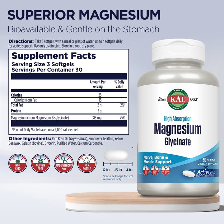 KAL Magnesium Glycinate ActivGels 315mg, High Absorption Magnesium Supplement for Muscle, Nerve & Bone Health Support, Non - GMO, Gluten Free, 30 Servings, 90 Softgels - The Oasis of Health