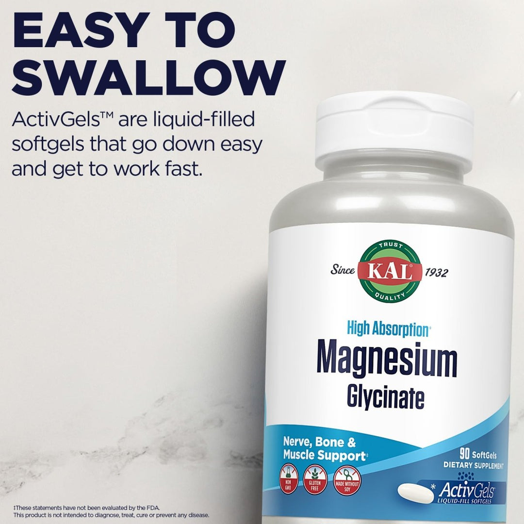 KAL Magnesium Glycinate ActivGels 315mg, High Absorption Magnesium Supplement for Muscle, Nerve & Bone Health Support, Non - GMO, Gluten Free, 30 Servings, 90 Softgels - The Oasis of Health