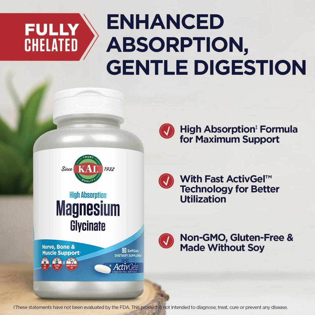 KAL Magnesium Glycinate ActivGels 315mg, High Absorption Magnesium Supplement for Muscle, Nerve & Bone Health Support, Non - GMO, Gluten Free, 30 Servings, 90 Softgels - The Oasis of Health