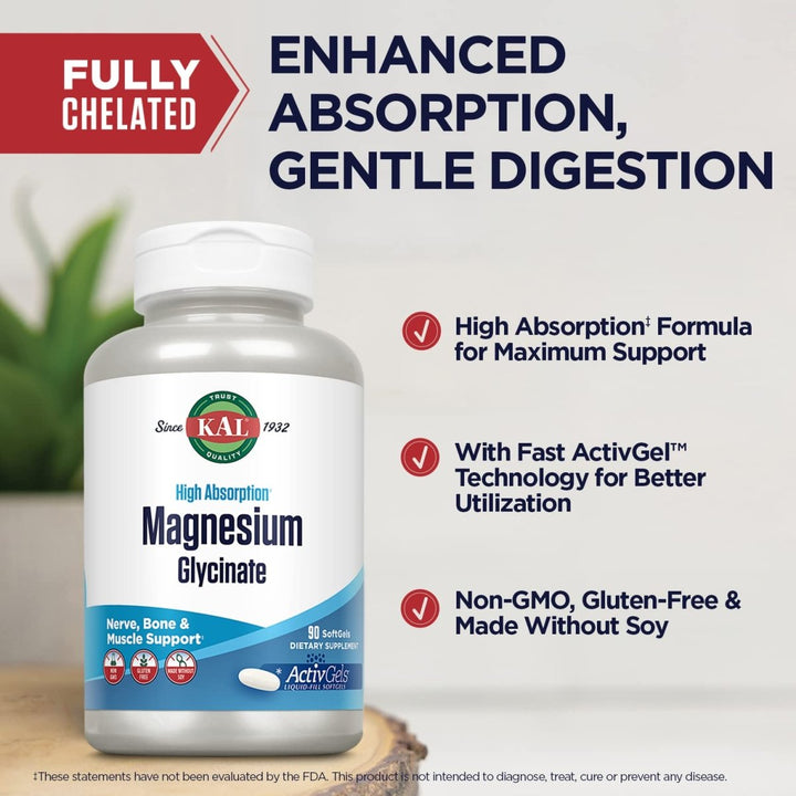 KAL Magnesium Glycinate ActivGels 315mg, High Absorption Magnesium Supplement for Muscle, Nerve & Bone Health Support, Non - GMO, Gluten Free, 30 Servings, 90 Softgels - The Oasis of Health