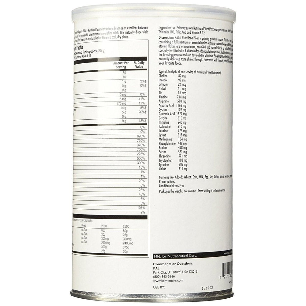 KAL Nutritional Yeast Flakes, Fortified with B12, Folic Acid & Other B Vitamins, Unsweetened, Great Nutty Flavor, Vegan & Gluten Free, 60 - Day Money Back Guarantee, Made in the USA, 34 Servings, 12oz - The Oasis of Health