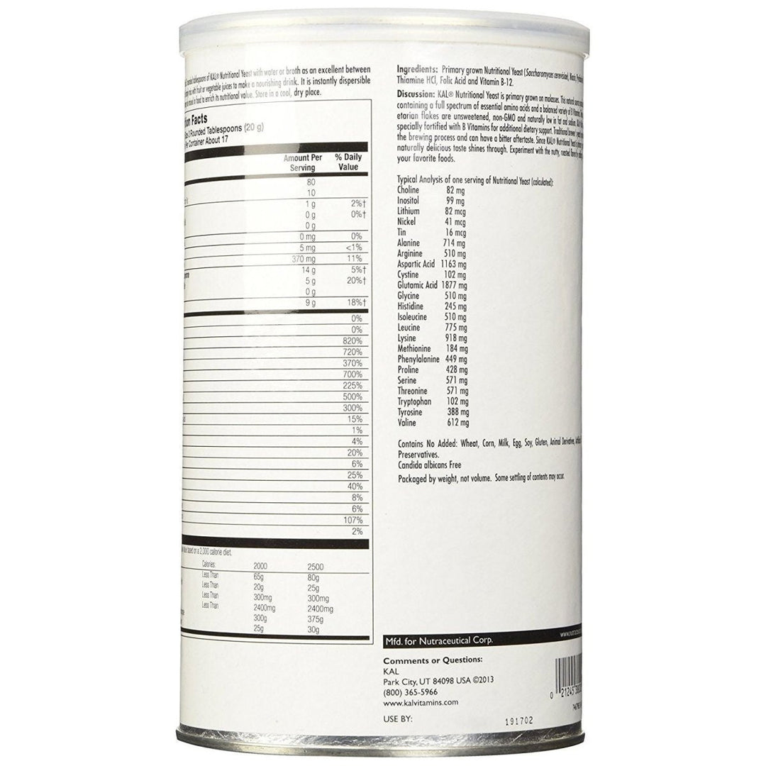 KAL Nutritional Yeast Flakes, Fortified with B12, Folic Acid & Other B Vitamins, Unsweetened, Great Nutty Flavor, Vegan & Gluten Free, 60 - Day Money Back Guarantee, Made in the USA, 34 Servings, 12oz - The Oasis of Health