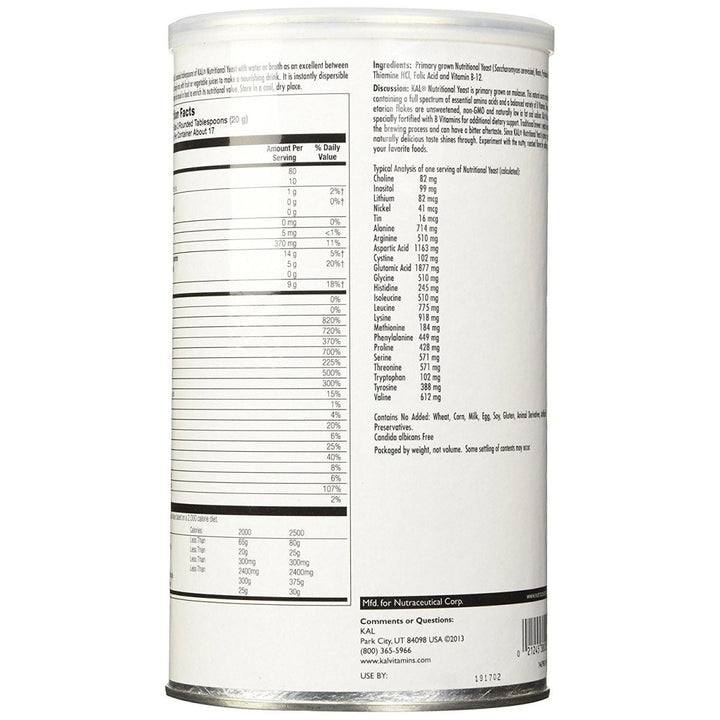 KAL Nutritional Yeast Flakes, Fortified with B12, Folic Acid & Other B Vitamins, Unsweetened, Great Nutty Flavor, Vegan & Gluten Free, 60 - Day Money Back Guarantee, Made in the USA, 34 Servings, 12oz - The Oasis of Health