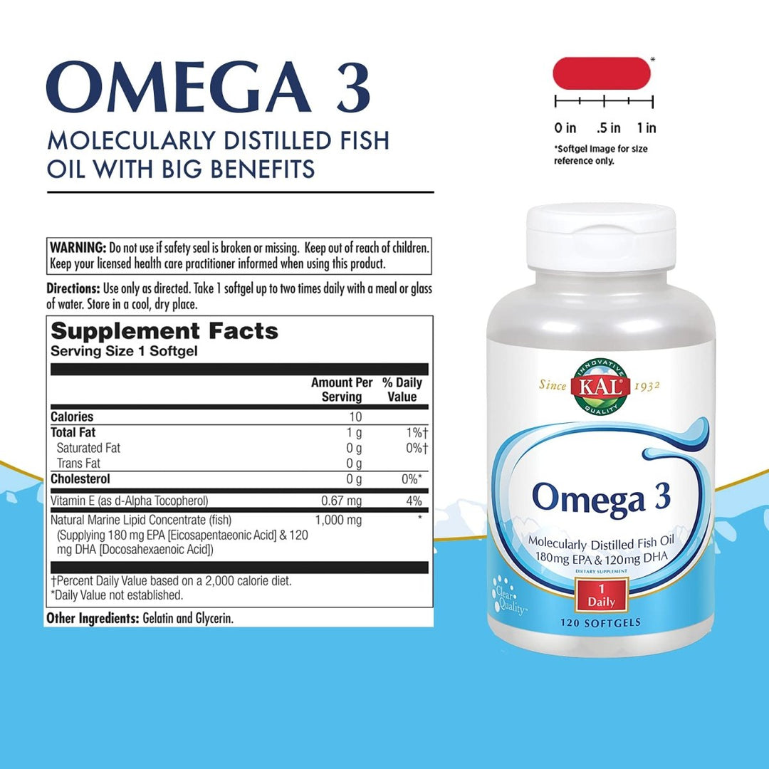 KAL Omega 3 | Omega - 3 Fish Oil for Healthy Heart, Joint & Brain Support | 180mg EPA, 120mg DHA (60 CT, 120 Serv) 84006 - The Oasis of Health
