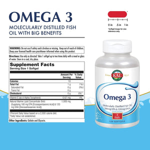 KAL Omega 3 | Omega - 3 Fish Oil for Healthy Heart, Joint & Brain Support | 180mg EPA, 120mg DHA (60 CT, 120 Serv) 84006 - The Oasis of Health