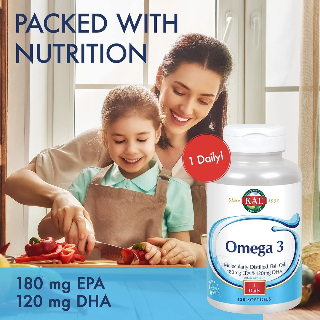 KAL Omega 3 | Omega - 3 Fish Oil for Healthy Heart, Joint & Brain Support | 180mg EPA, 120mg DHA (60 CT, 120 Serv) 84006 - The Oasis of Health