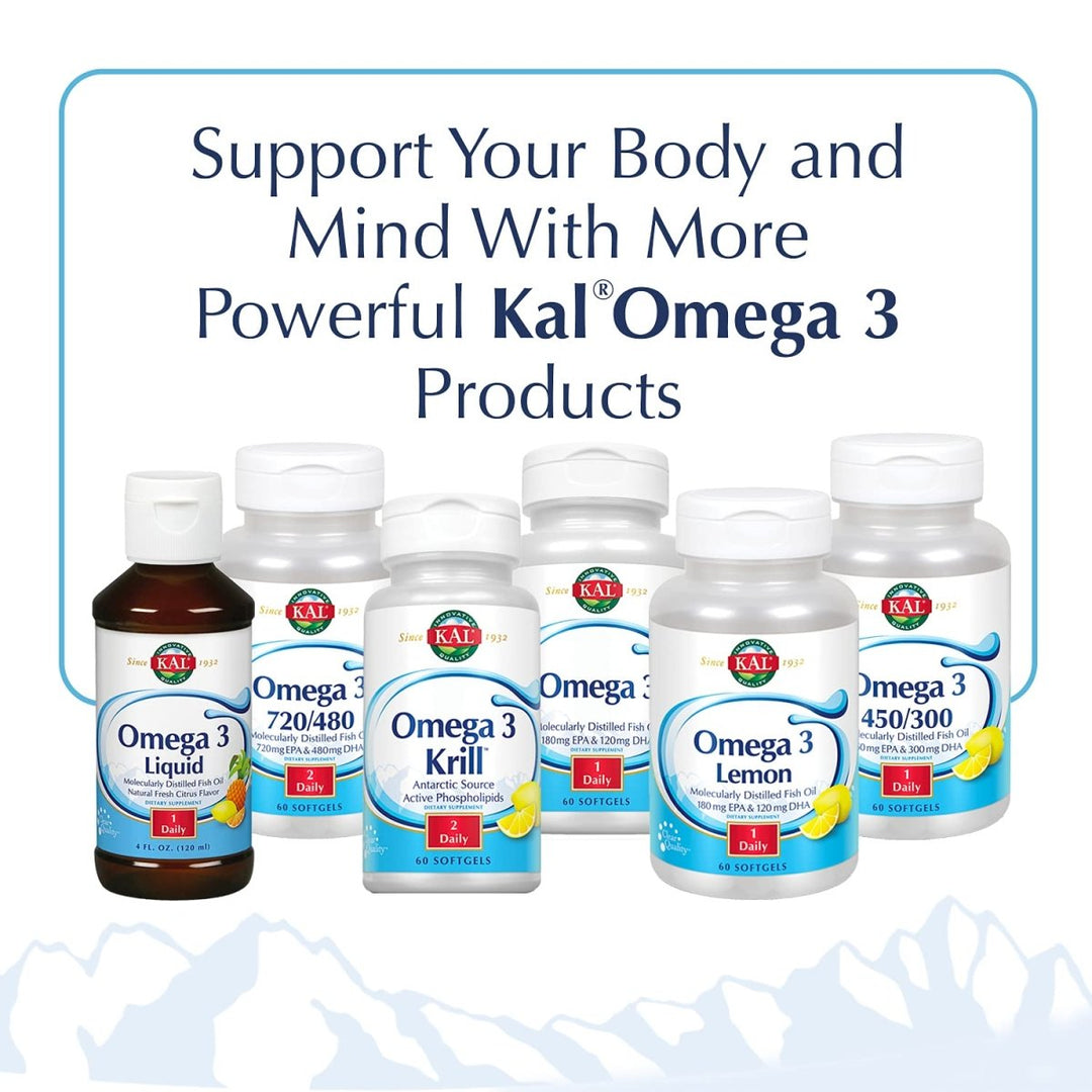 KAL Omega 3 | Omega - 3 Fish Oil for Healthy Heart, Joint & Brain Support | 180mg EPA, 120mg DHA (60 CT, 120 Serv) 84006 - The Oasis of Health