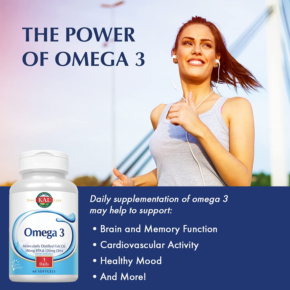KAL Omega 3 | Omega - 3 Fish Oil for Healthy Heart, Joint & Brain Support | 180mg EPA, 120mg DHA (60 CT, 120 Serv) 84006 - The Oasis of Health