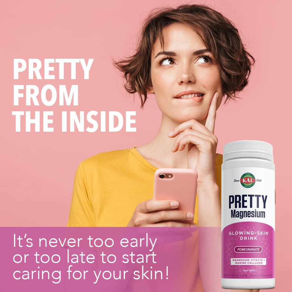 KAL Pretty Magnesium Glowing - Skin Drink | 325mg Mag Citrate + Marine Collagen | Cellular & Skin Health, 10.7oz, 70 Serv. - The Oasis of Health
