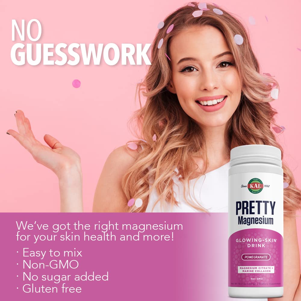 KAL Pretty Magnesium Glowing - Skin Drink | 325mg Mag Citrate + Marine Collagen | Cellular & Skin Health, 10.7oz, 70 Serv. - The Oasis of Health
