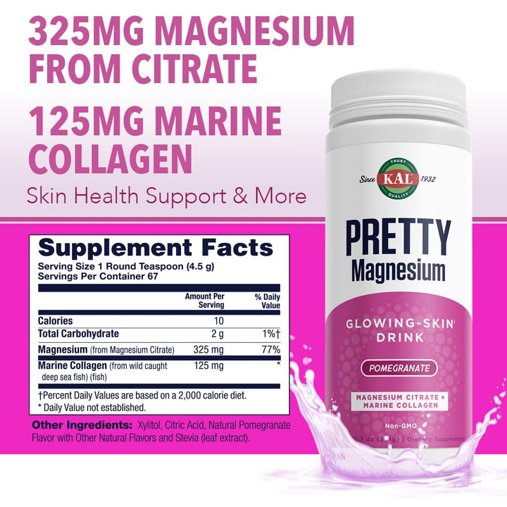KAL Pretty Magnesium Glowing - Skin Drink | 325mg Mag Citrate + Marine Collagen | Cellular & Skin Health, 10.7oz, 70 Serv. - The Oasis of Health