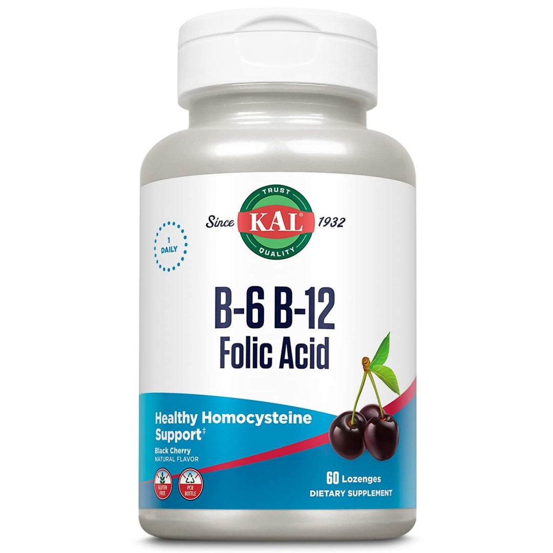 KAL Vitamin B - 6 B - 12 Folic Acid Supplement, B Vitamins for Healthy Energy, Heart & Red Blood Cell Support, w/Vitamin B12 Methylcobalamin and Folate, Natural Cherry, Gluten Free, 60 Serv, 60 Lozenges - The Oasis of Health