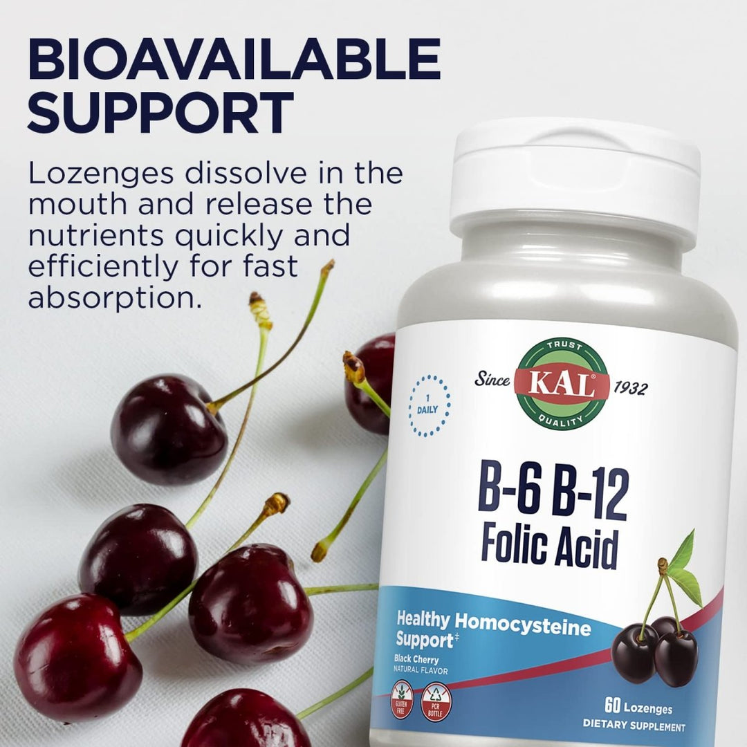 KAL Vitamin B - 6 B - 12 Folic Acid Supplement, B Vitamins for Healthy Energy, Heart & Red Blood Cell Support, w/Vitamin B12 Methylcobalamin and Folate, Natural Cherry, Gluten Free, 60 Serv, 60 Lozenges - The Oasis of Health