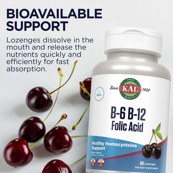KAL Vitamin B - 6 B - 12 Folic Acid Supplement, B Vitamins for Healthy Energy, Heart & Red Blood Cell Support, w/Vitamin B12 Methylcobalamin and Folate, Natural Cherry, Gluten Free, 60 Serv, 60 Lozenges - The Oasis of Health