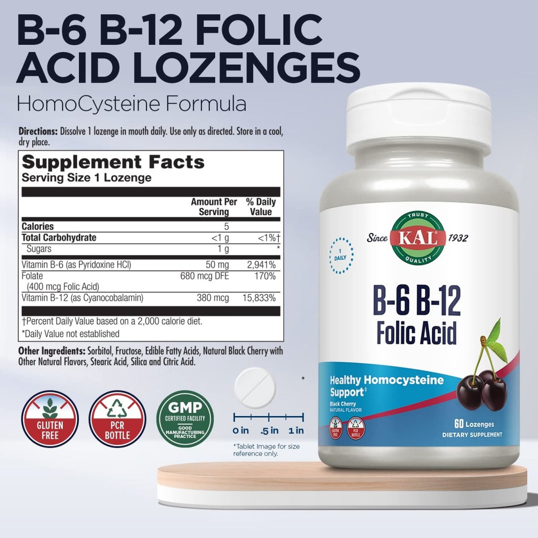 KAL Vitamin B - 6 B - 12 Folic Acid Supplement, B Vitamins for Healthy Energy, Heart & Red Blood Cell Support, w/Vitamin B12 Methylcobalamin and Folate, Natural Cherry, Gluten Free, 60 Serv, 60 Lozenges - The Oasis of Health