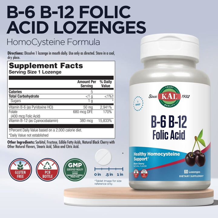 KAL Vitamin B - 6 B - 12 Folic Acid Supplement, B Vitamins for Healthy Energy, Heart & Red Blood Cell Support, w/Vitamin B12 Methylcobalamin and Folate, Natural Cherry, Gluten Free, 60 Serv, 60 Lozenges - The Oasis of Health