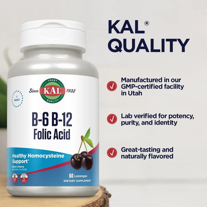 KAL Vitamin B - 6 B - 12 Folic Acid Supplement, B Vitamins for Healthy Energy, Heart & Red Blood Cell Support, w/Vitamin B12 Methylcobalamin and Folate, Natural Cherry, Gluten Free, 60 Serv, 60 Lozenges - The Oasis of Health