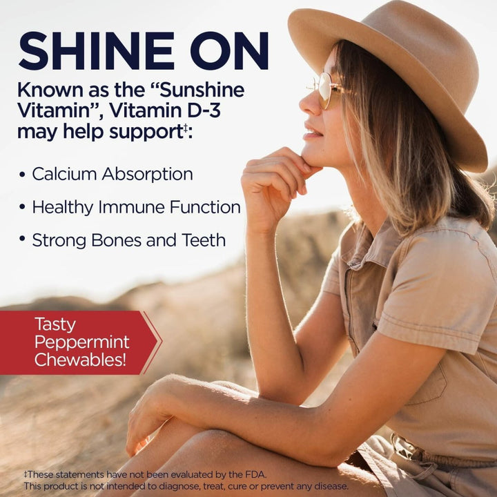 KAL Vitamin D3 1000 IU 25 mcg, Vitamin D Chewables, Calcium Absorption, Bone Health and Immune Support Supplement, Natural Peppermint Flavor, Sweetened with Xylitol, 100 Servings, 100 Chews - The Oasis of Health