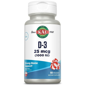 KAL Vitamin D3 1000 IU 25 mcg, Vitamin D Chewables, Calcium Absorption, Bone Health and Immune Support Supplement, Natural Peppermint Flavor, Sweetened with Xylitol, 100 Servings, 100 Chews - The Oasis of Health