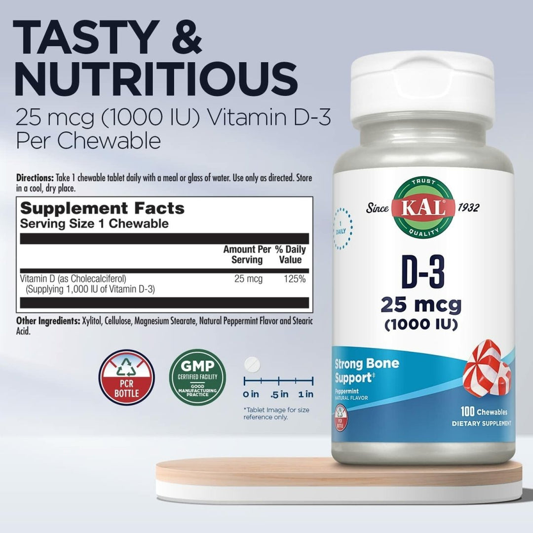 KAL Vitamin D3 1000 IU 25 mcg, Vitamin D Chewables, Calcium Absorption, Bone Health and Immune Support Supplement, Natural Peppermint Flavor, Sweetened with Xylitol, 100 Servings, 100 Chews - The Oasis of Health