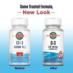 KAL Vitamin D3 1000 IU 25 mcg, Vitamin D Chewables, Calcium Absorption, Bone Health and Immune Support Supplement, Natural Peppermint Flavor, Sweetened with Xylitol, 100 Servings, 100 Chews - The Oasis of Health